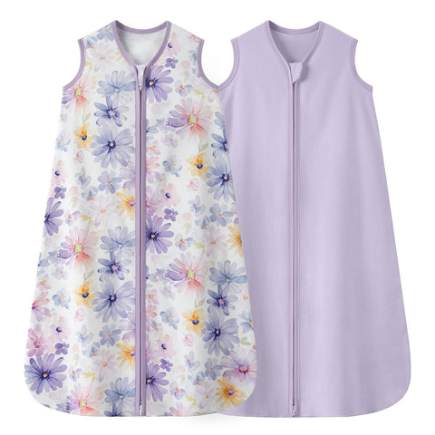 Baby Sleep Sack 18-24 Months 0.5 TOG, 100% Cotton Baby Wearable Blanket 2 Pack with 2-Way Zipper, Lightweight Sleep Bag for Boys ＆ Girls Toddler Breathable Sleeing Sack Purple Flower