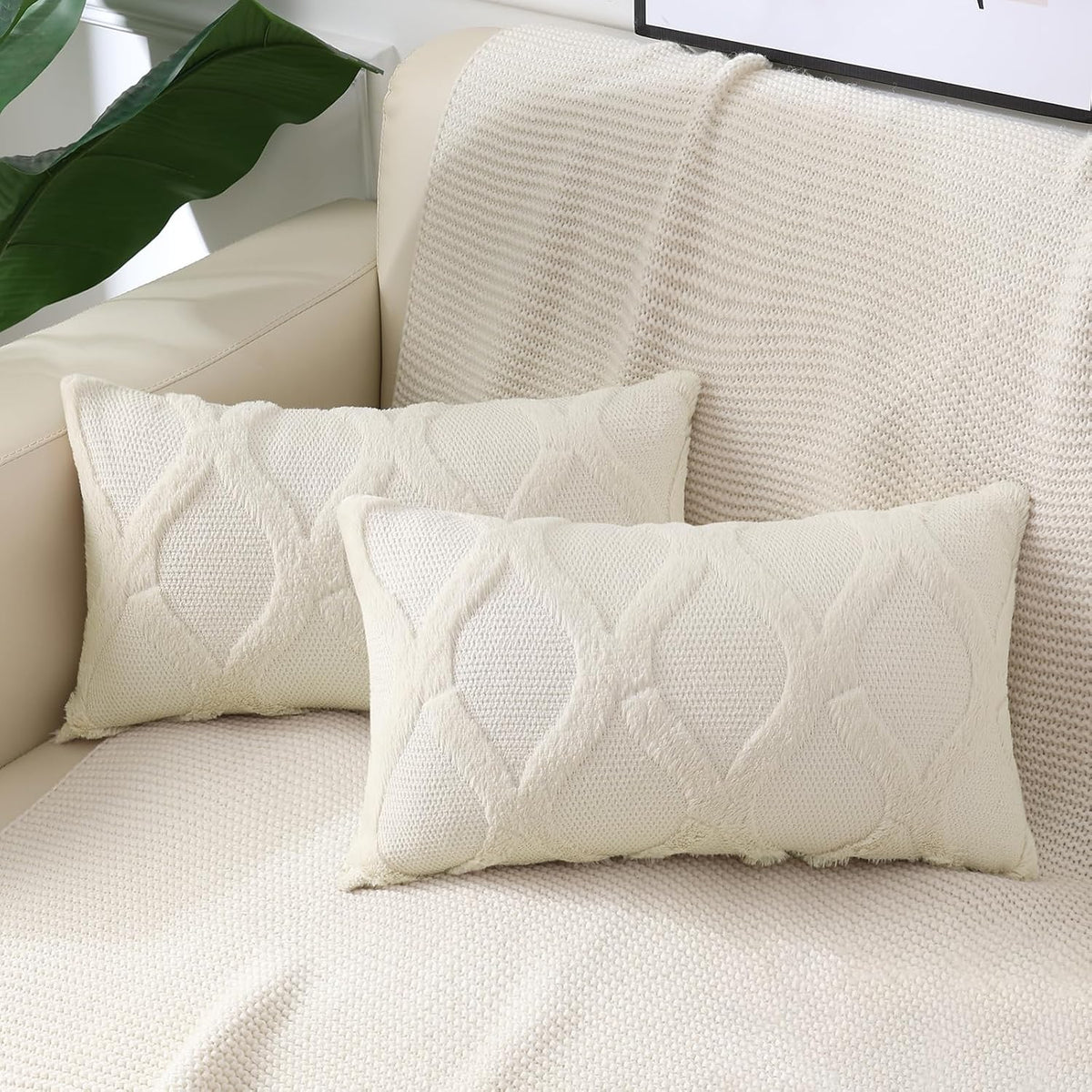 decorUhome Fall Faux Fur Beige Throw Pillow Covers 12x20 Set of 2