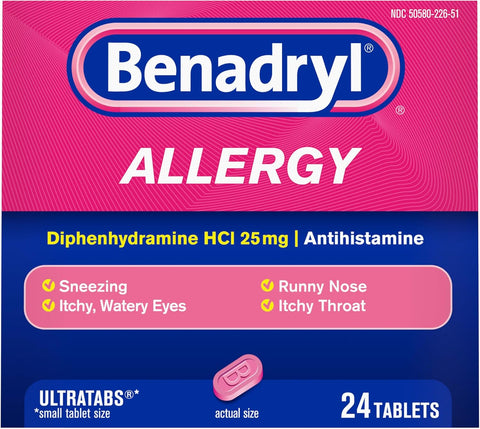 Benadryl Allergy Relief Ultratabs, 25 mg Diphenhydramine HCl, 24 ct
