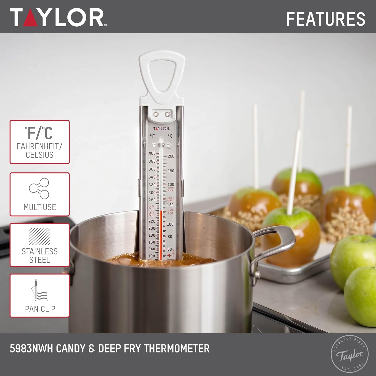 Taylor Stainless Steel Candy and Deep Fry Thermometer, 12-Inch Analog Paddle with Pan Clip, Ideal for Frying, Sugar, Brewing, Syrup, and More, White