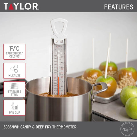 Taylor Stainless Steel Candy and Deep Fry Thermometer, 12-Inch Analog Paddle with Pan Clip, Ideal for Frying, Sugar, Brewing, Syrup, and More, White