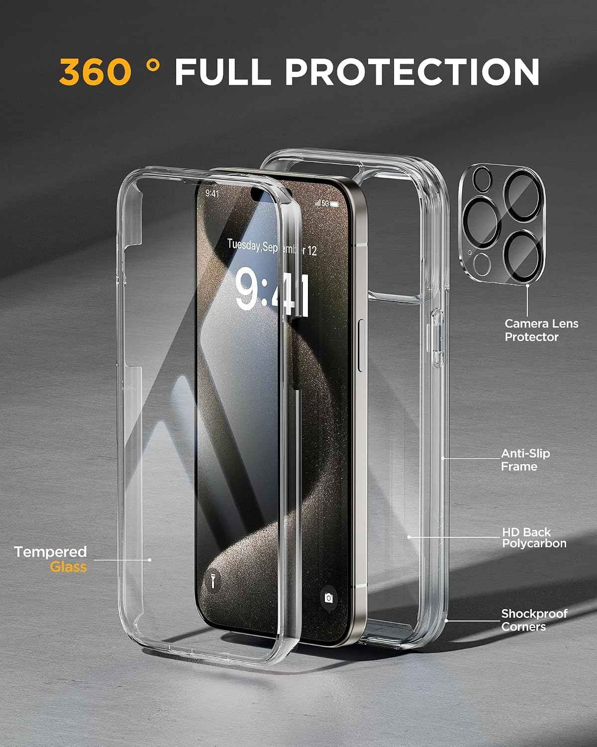 miracase for iPhone 15 Pro Case, Full-Body Clear Bumper Phone case with Built-in Glass Screen Protector& Camera Protector, Military Drop Proof 15 Pro Case Cover 6.1 inch,Clear