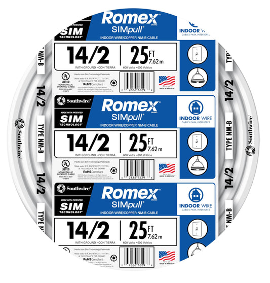 Southwire Romex Brand Simpull Solid Indoor 14/2 W/G NMB Cable 25ft coil - SW# 28827421