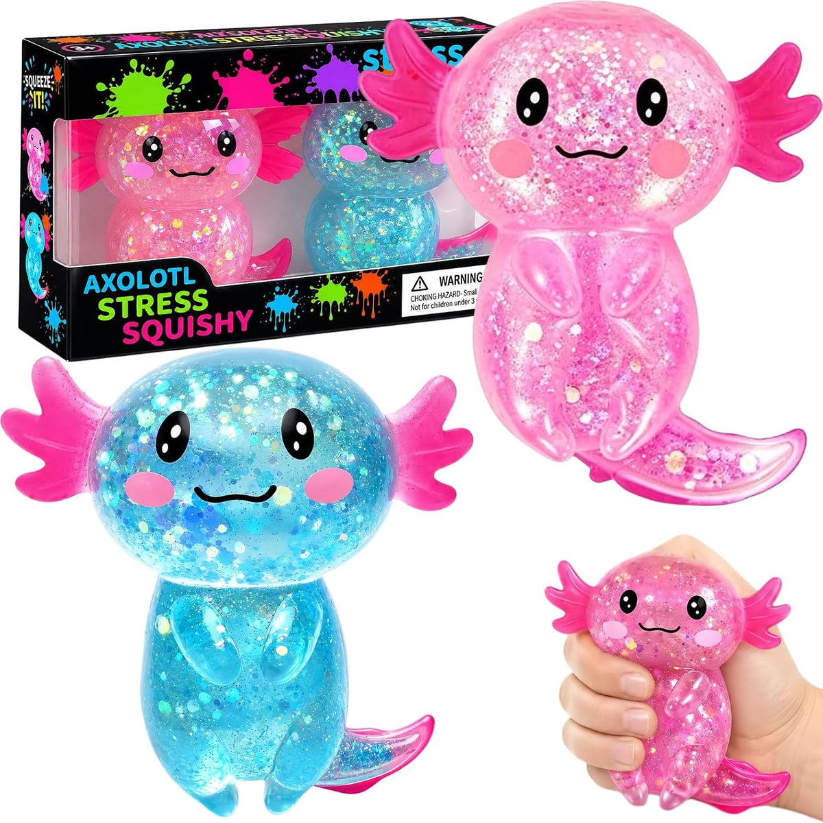 Axolotl Squishy Stress Relief Toy,Glitter Fidget Squishy Toys,Cute Axolotls Squeeze Toys, Fidget Toys for Kids Youth Adult,Party Favors (2PCS Blue+Pink Axolotl)