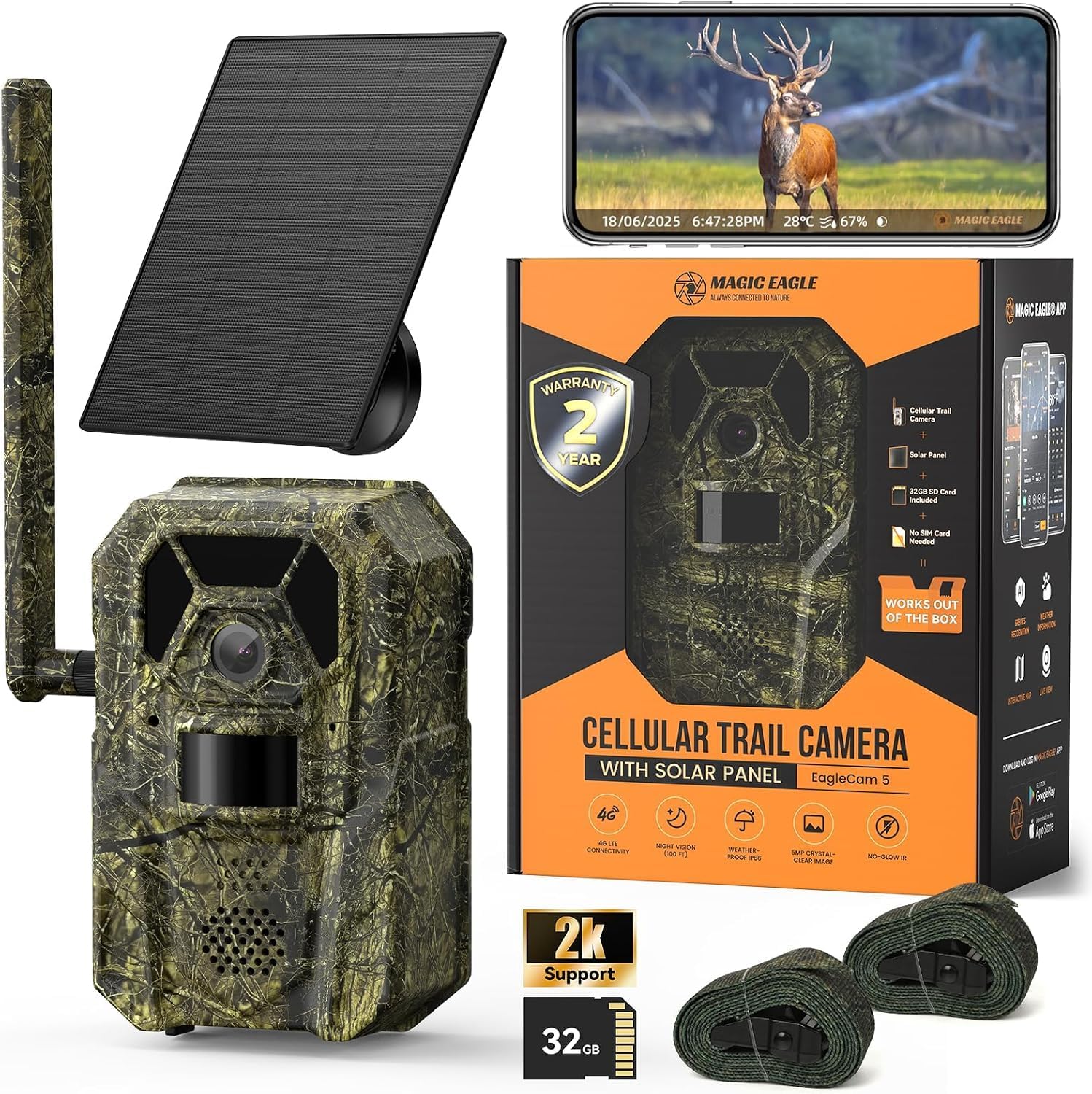 MagicEagle® Cellular Trail Camera 4G Wild Game Cameras 13,000 mAh Battery Solar Panel 2K Audible Video No-Glow IR Night Vision IP66 Waterproof for Wildlife Deer Monitoring Home Security (Army Green)