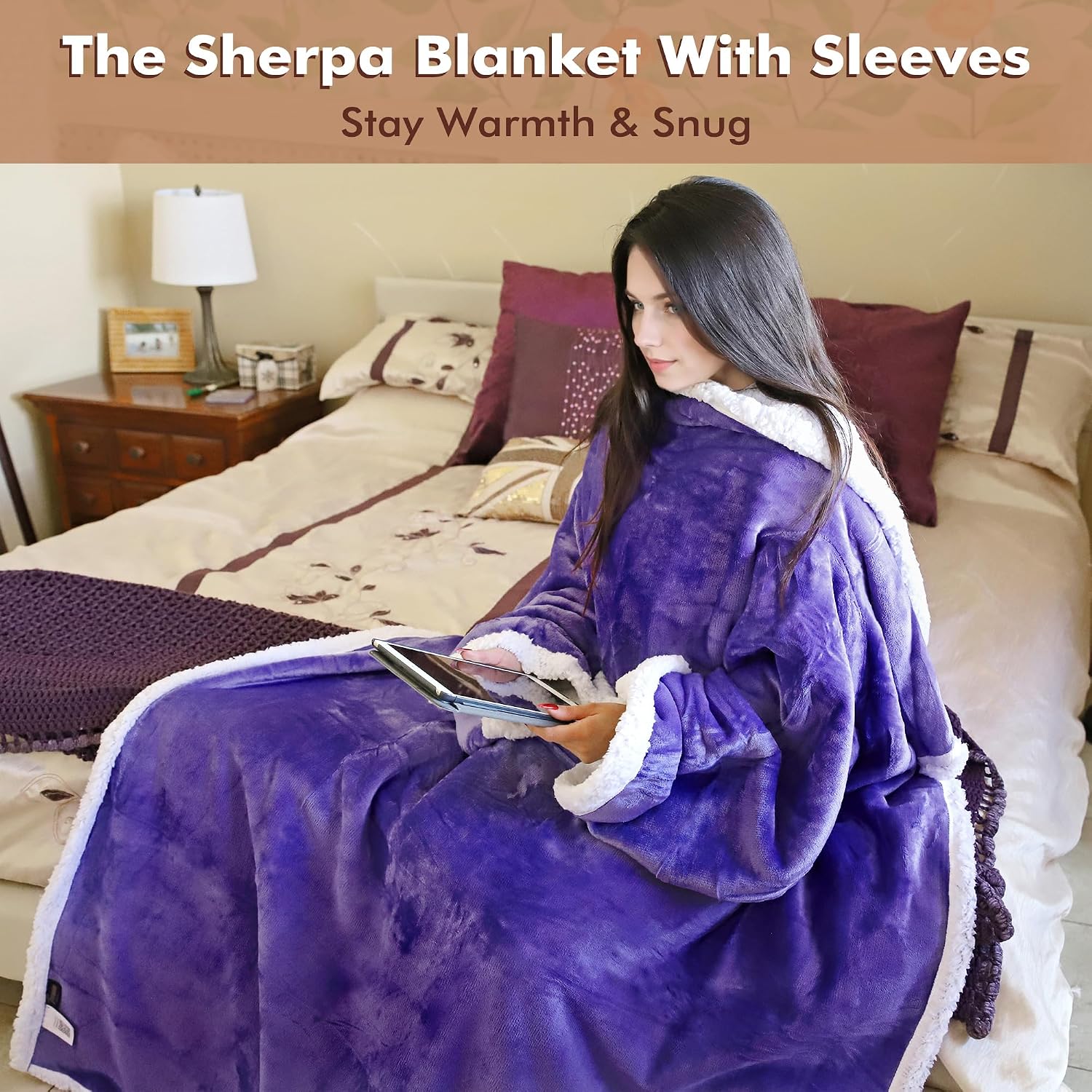 Tirrinia Sherpa Wearable Blanket With Sleeves, Full Body Throw Reading Wrap TV Blankets
