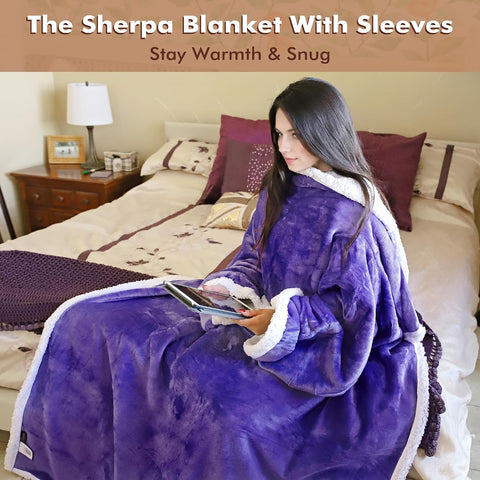 Tirrinia Sherpa Wearable Blanket With Sleeves, Full Body Throw Reading Wrap TV Blankets