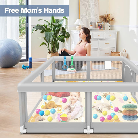 Baby Playpen with Mat, 50 x 50 inch, PlayPen for Babies and Toddlers, Sturdy Safety Play Pen with Soft Breathable Mesh (Ball and Pull Rings Included)