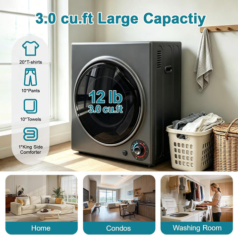3.0 Cu.Ft Portable Dryer for Clothes, 1500W Dryer, 4 Drying Mode