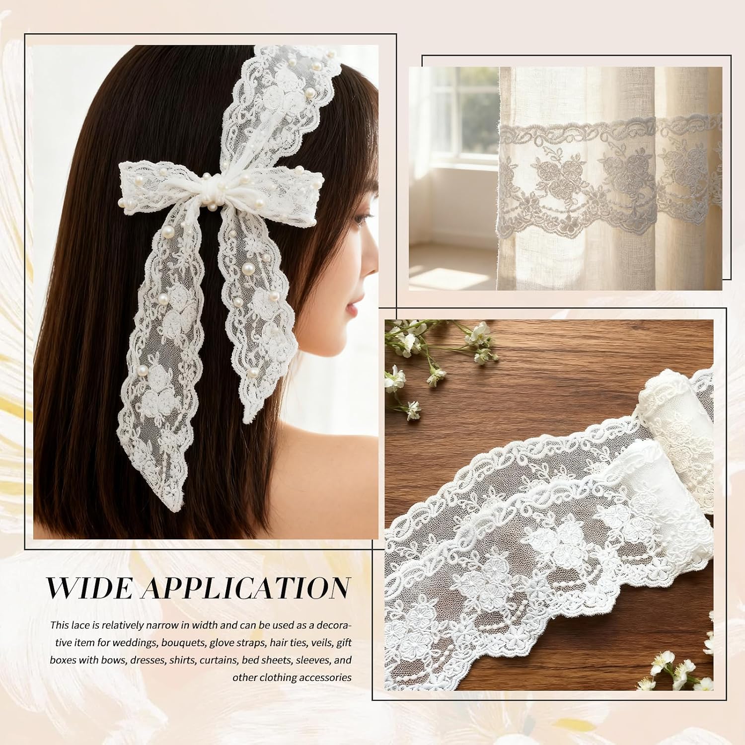 Lace Trim Ribbon, 3-Yard White Lace Ribbon, 3.3 Inch Width White Laces Trims Delicate Floral Pattern Ribbons for Crafts Sewing and Bridal Wedding Dress Applique Decorations