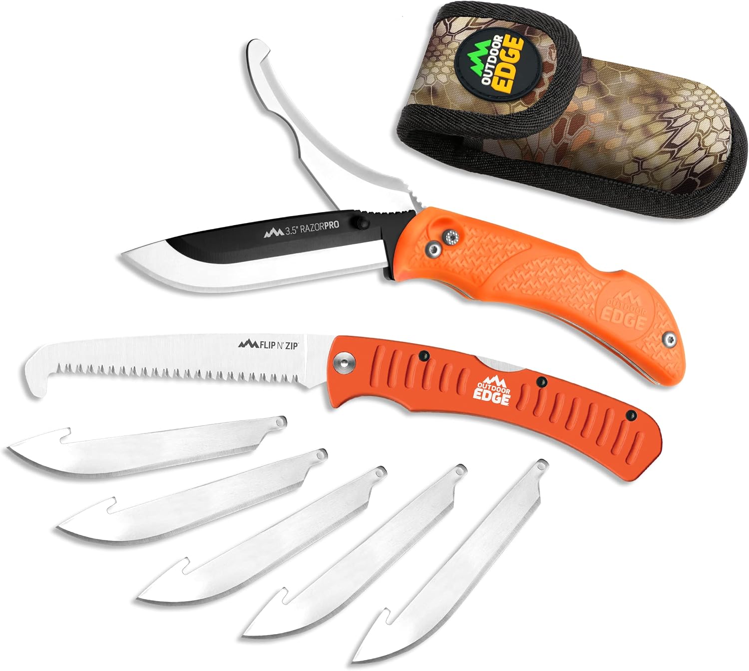 OUTDOOR EDGE RazorPro Double Blade Hunting Knife with Flip N’ Zip Bone Saw – Folding Knife with Gutting Blade & Replaceable RazorSafe Skinning Edge, Includes Camo Nylon Sheath