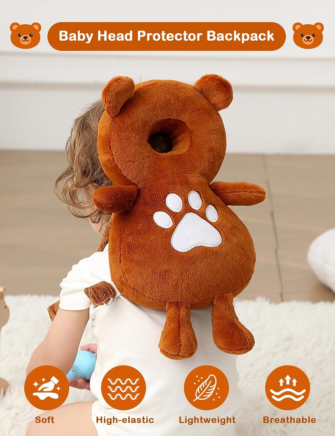 JunNeng Baby Head Protector Backpack for Walking Crawling, Brown Bear