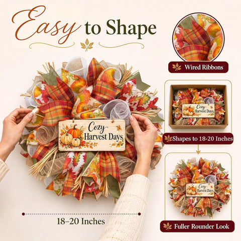 20 Inch Fall Wreaths for Front Door with Layered Plaid Ribbons