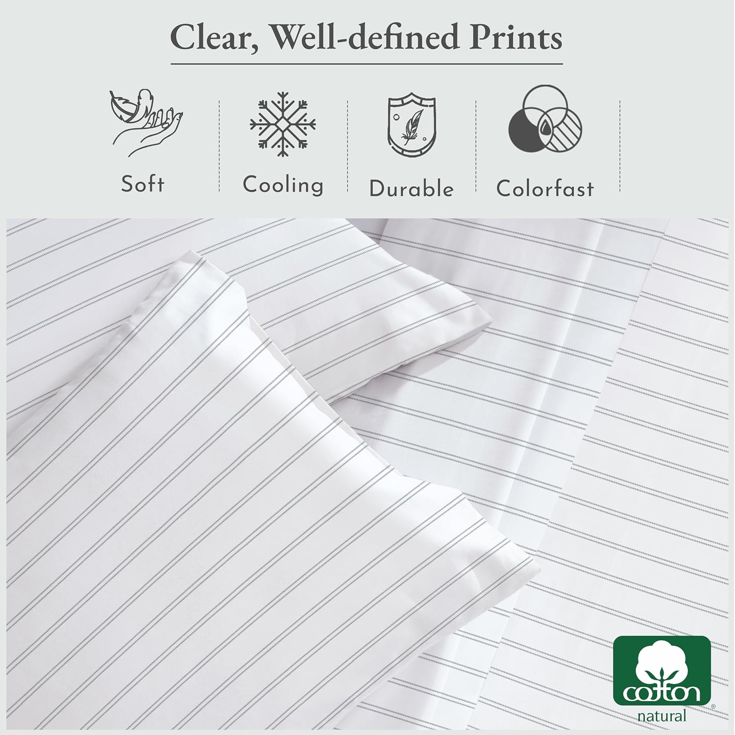 Natural 100% Cotton Sateen Twin Sheets Set, 3 Pc Set, Classic Stripe Print