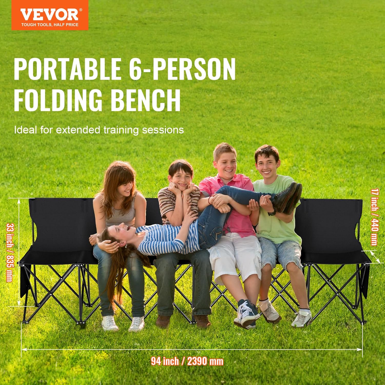 VEVOR Portable Folding B ench, 6 Seats Foldable Sideline B ench, Outdoor Camping Bench Chair with Carry Bag & Backrest, Team Sport Sideline B ench, No Assembly Instant Seating, Black
