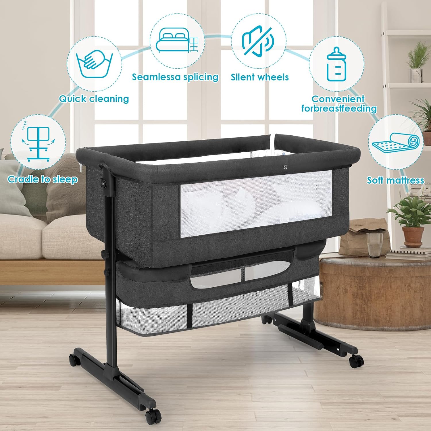 YADAQE Baby Cradle, Freestanding Bedside Bassinet, 3-in-1 Convertible Bassinet with 360° Swivel Wheels, 2026 New Model Adjustable, Easy-Fold Portable Neutral Baby Newborn Bassinet (Dark Gray)