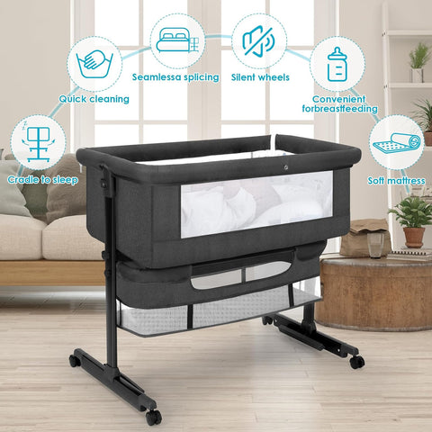 YADAQE Baby Cradle, Freestanding Bedside Bassinet, 3-in-1 Convertible Bassinet with 360° Swivel Wheels, 2026 New Model Adjustable, Easy-Fold Portable Neutral Baby Newborn Bassinet (Dark Gray)