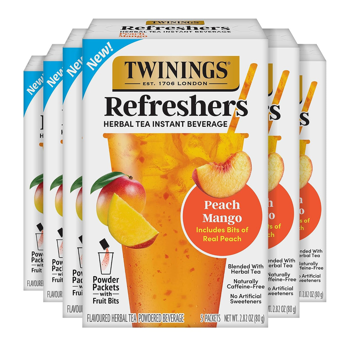 Twinings Peach Mango Refreshers, Herbal Tea Instant Beverage with Real Peach Fruit Bits, 5 Count (Pack of 6), Café Style, No Artificial Sweeteners, Naturally Caffeine-Free Refreshment, 30 Packets
