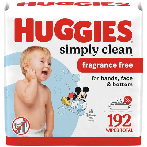 Huggies Simply Clean Baby Wipes, Unscented, 3 Packs, 192 Wipes