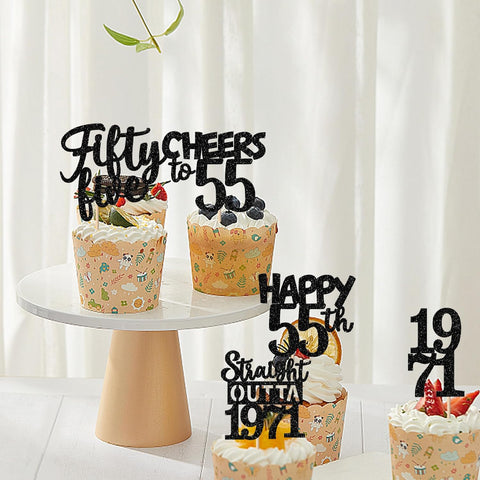 30PCS Black 55th Birthday Cupcake Toppers Glitter Fifty Five Happy 55 Straight Outta 1971 Cupcake Picks for Cheers to 55 Years 55th Birthday Anniversary Party Cake Decorations Supplies