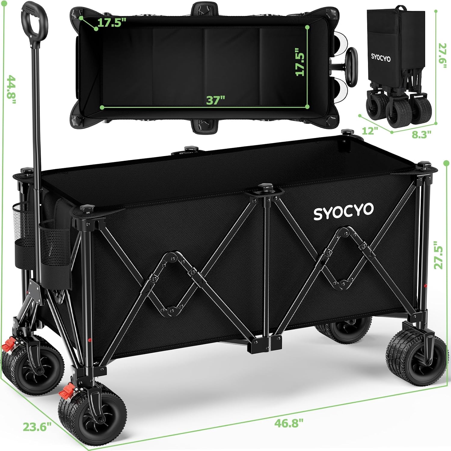 Beach Wagon Carts Foldable 580LBS Collapsible Wagon with Big All-Terrain Wheels for Sand 340L Heavy Duty Utility Carts with Cup Holders for Garden, Camping, Grocery, Black