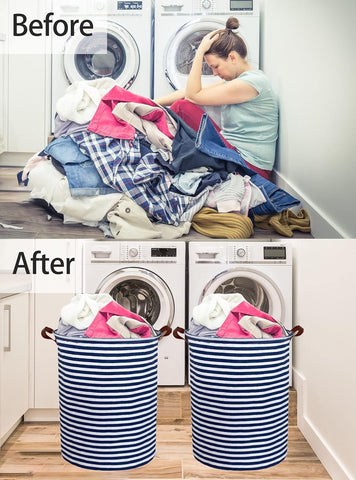 ESSME 2pack Kids Laundry Hamper,Boys laundry basket,Collapsible Bule storage basket with Waterproof PE Coating,Canvas Fabric Nursery Hamper for Kids Room Decor,Toy storage,Gift,Baby Clothing.(2pack Navy Blue stripes)