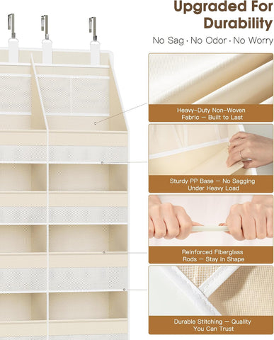 Criusia Over the Door Organizer, Extra Large 12 Compartments Closet Hanging Storage with 14 Mesh Pockets, 85lbs Capacity Behind the Door Storage for Baby Nursery, Bathroom, Bedroom, and Dorm, Beige