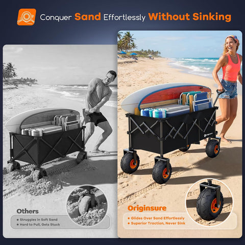 Originsure 300L Foldable Beach Wagon with Big Balloon Wheels, 560lbs, Black