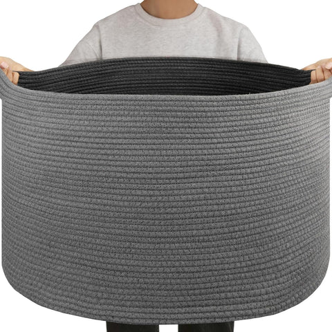 OIAHOMY 105L Extra Large Blanket Basket - Decorative Cotton Rope Storage Basket for Bedroom, Living Room & Nursery - Woven Laundry Hamper for Organizing Blankets, Clothes & Toys - Grey