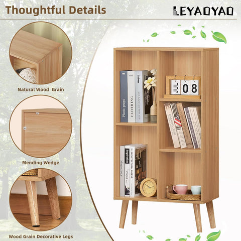 LEYAOYAO 5 Cube Bookshelf, Mid-Century Modern Book Shelf with Legs, Natural