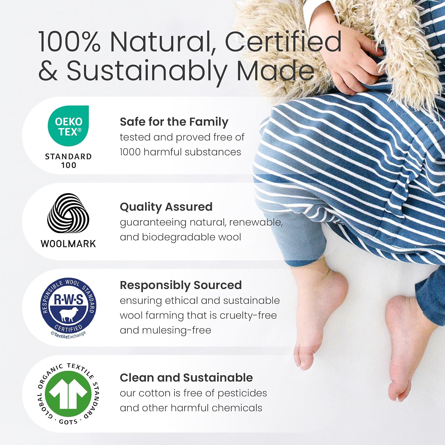Woolino 4 Season Baby Sleep Bag with Feet Opening, Australian Merino Wool and Organic Cotton, Toddler Sleeping Bag, 18-36mo, Sheep