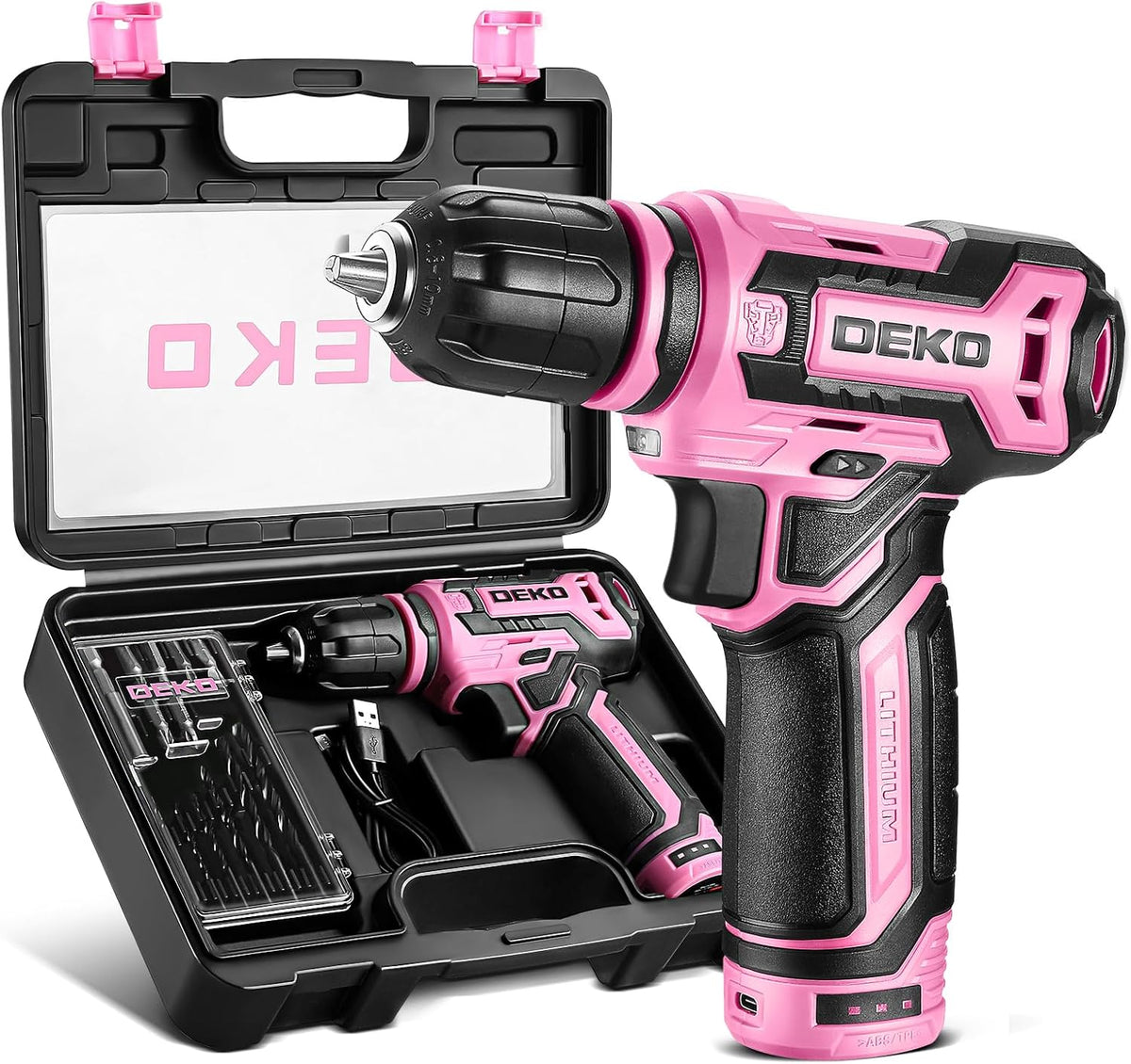 Cordless Drill：DEKOPRO 12V Power Drill Set with Pink 800RPM Electric Drills with Tool Set Gift Box, Pink Drill Set for Women