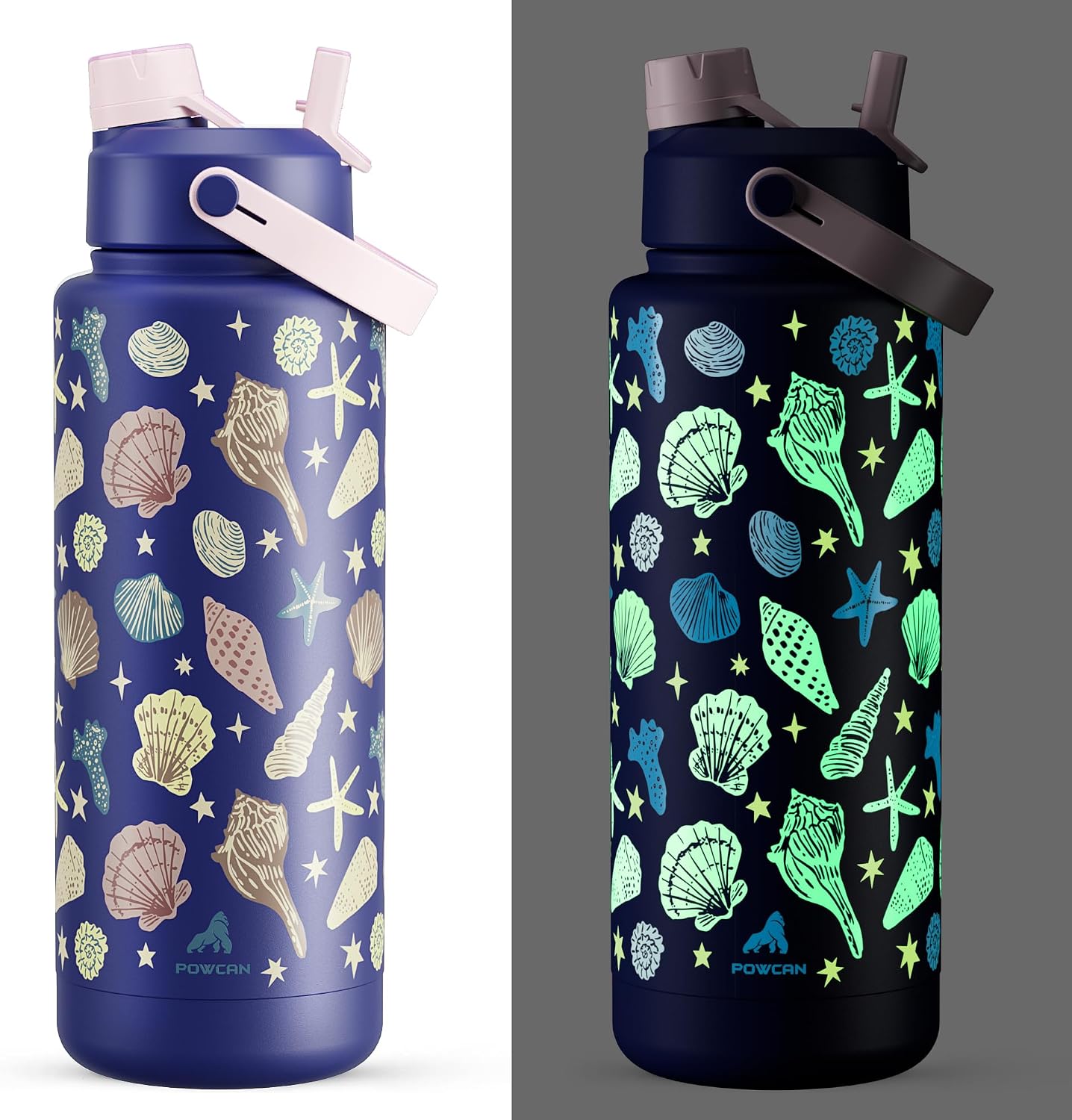 POWCAN 40 oz Insulated Water Bottle with 2-in-1 Straw and Spout Lid, Glow-in-the-Dark, 24H Cold, Leakproof, BPA-Free, Double Wall Stainless Steel for Sports, Gym, Travel, and School (Seashell Coast)