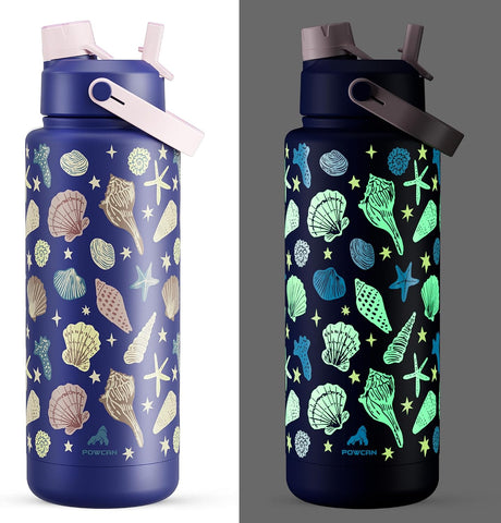 POWCAN 40 oz Insulated Water Bottle with 2-in-1 Straw and Spout Lid, Glow-in-the-Dark, 24H Cold, Leakproof, BPA-Free, Double Wall Stainless Steel for Sports, Gym, Travel, and School (Seashell Coast)