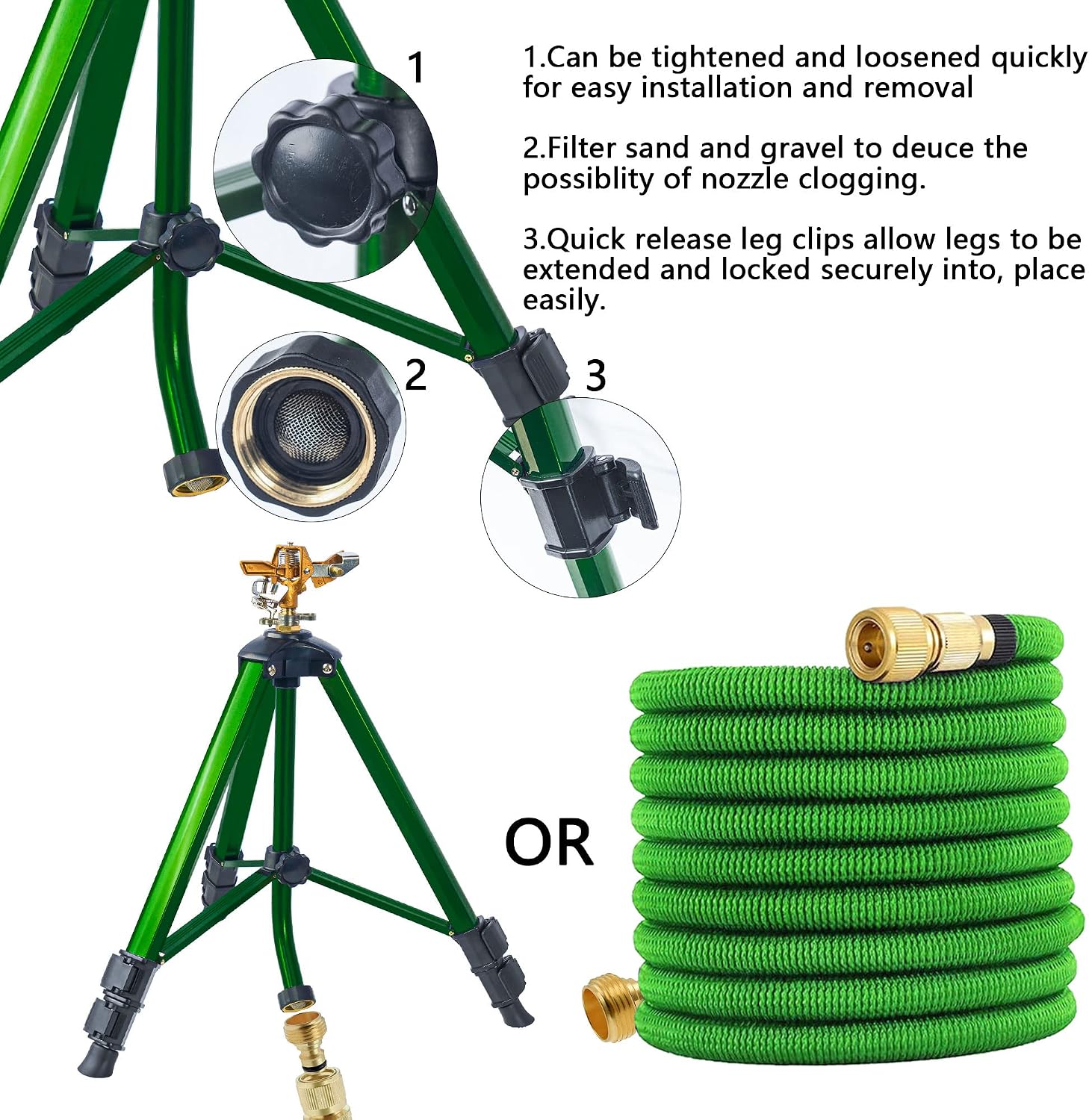 Hourleey Impact Sprinkler on Tripod Base, Heavy Duty Brass Sprinklers for Yard Lawn Garden, 0-360 Degree Large Area Coverage, 3/4 Inch Connector Extension Legs Flip Locks with Brass Sprinkler Head