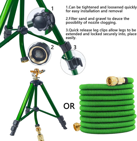 Hourleey Impact Sprinkler on Tripod Base, Heavy Duty Brass Sprinklers for Yard Lawn Garden, 0-360 Degree Large Area Coverage, 3/4 Inch Connector Extension Legs Flip Locks with Brass Sprinkler Head