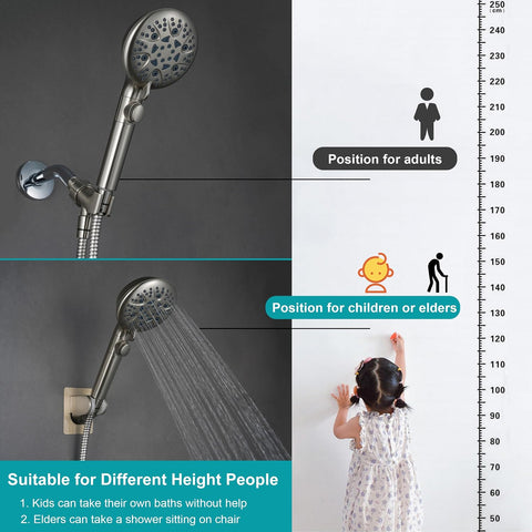 GwernKB Brushed Nickel Shower Heads Handheld with On Off Switch,8-Mode High Pressure Shower Wand with 79In Stainless Steel Hose&Bracket PLUS Low-Reach Adhesive Wall Mount Holder for Kids&Elderly