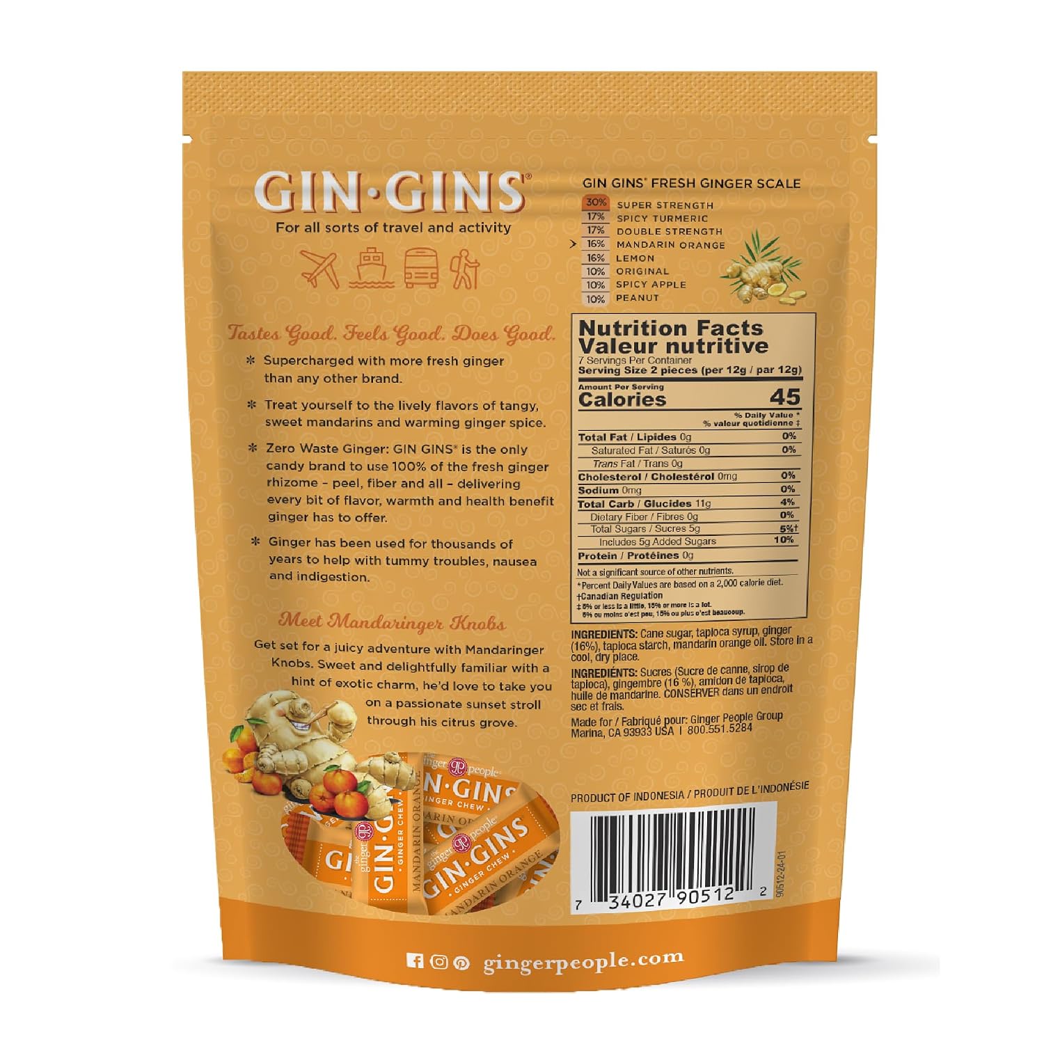 GIN GINS Mandarin Orange Ginger Chews – Natural Fresh Ginger Candy by The Ginger People – Individually Wrapped Healthy Candy – Mandarin Orange Flavor – 3 oz Bag – Pack of 1
