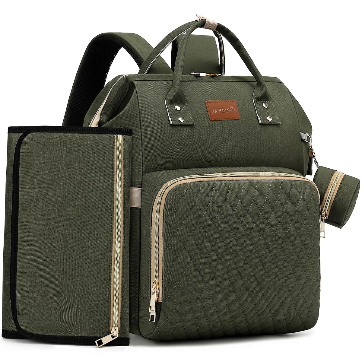 ROSEGIN Diaper Bag Backpack with Changing Pad, Pacifier Case, Baby Bag for Boy Girl Toddler - Large, Stylish, Waterproof Travel Quilted Diaper Bag for Mom - Baby Shower - Army Green