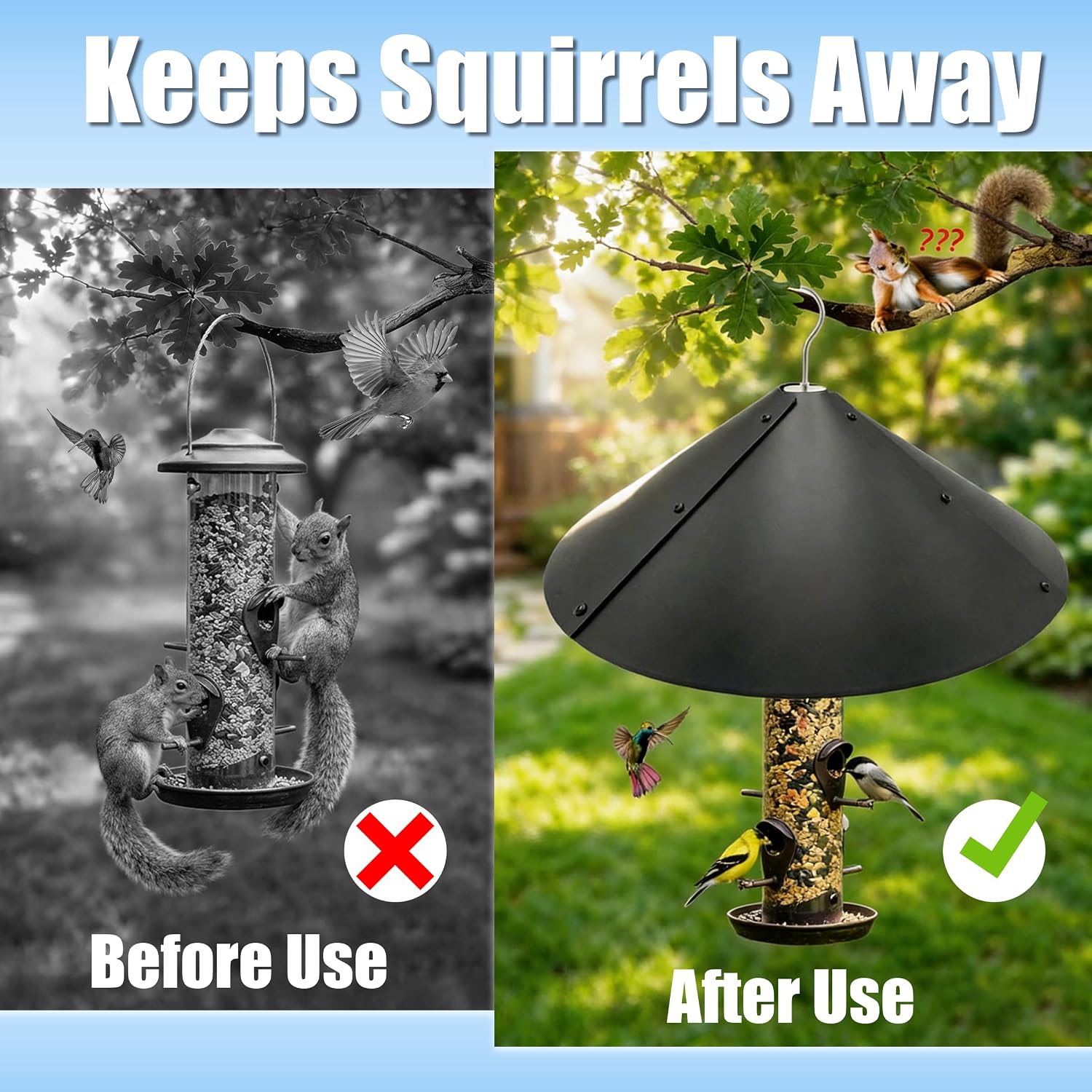 ForeverSong Squirrel Baffle for Bird Feeder, 16.5 Inch Hanging Mount, Black
