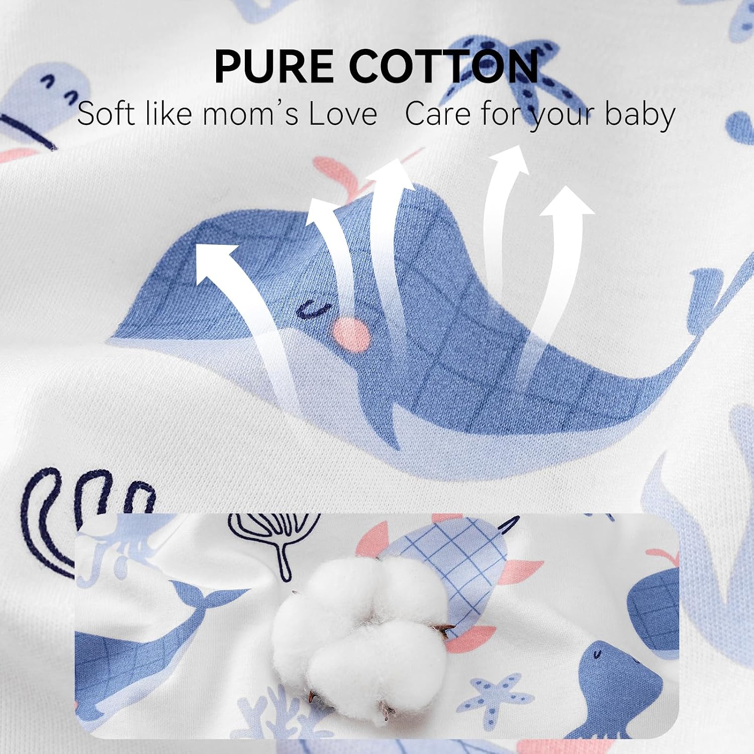 Baby Sleep Sack 0-6 Months, Long Sleeve Baby Wearable Blanket 0.5 Tog with Mittens, 2-Way Zipper Newborn Cotton Sleeping Sack for Boy and Girl Blue Whale 2 Pack (Small)