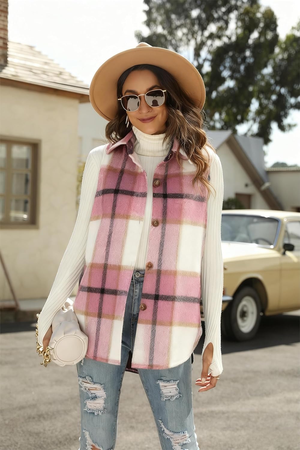 UANEO Womens Fall Flannel Plaid Vest Button Down Sleeveless Shirt Jacket With Pockets