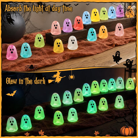 BuQiuRen 100Pcs Halloween Mini Ghosts Figures, Luminous Small Plastic Resin Ghost Figurines to Hide Glow in The Dark Tiny Statue for Halloween Party, Fairy Garden, Aquarium, Dollhouse Decor Crafts