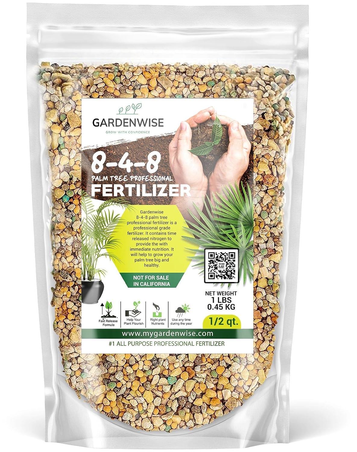 Gardenwise 8-4-8 Professional Palm Tree Fertilizer Plant Food; for Indoor Potted Plants and Outdoor Landscape Palm Trees; Quick-Release Nitrogen Fertilizer and Continuous Feeding (1/2 Quart)