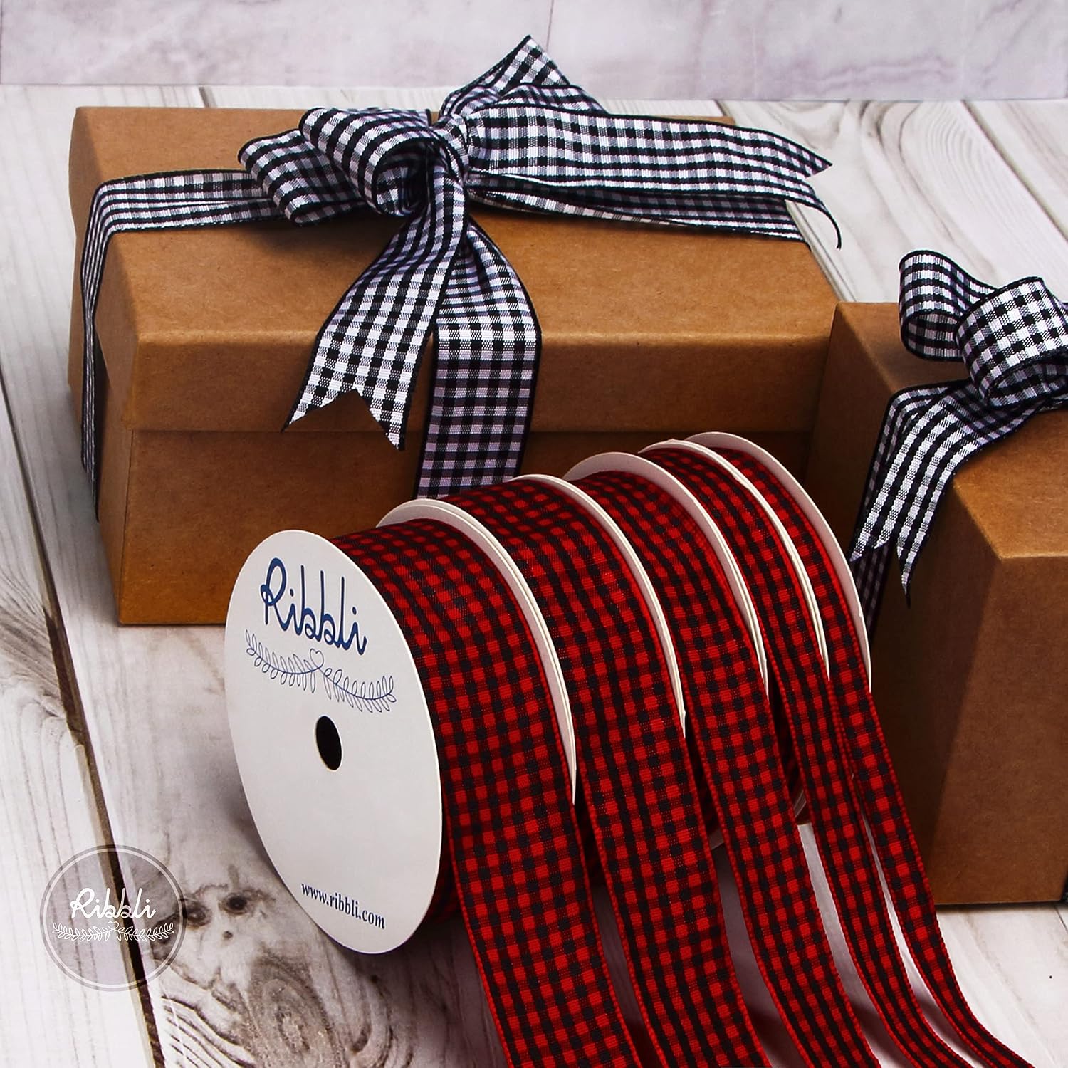 Ribbli Red and Black Gingham Ribbon,100% Polyester Woven Edge,1/4 Inch x 10 Yard,Plaid Ribbon,Use for Gift Wrapping,Party Decoration