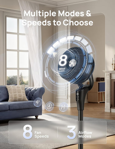 DREO Fan for Bedroom, 2026 Upgraded, 90ft Airflow, Quiet Fan, 90° Oscillating Standing Fan for Whole Room, DC Motor, 8+H Speeds, 3 Modes, 38-42'' Adjustable Height, 8H Timer, 105° Manual Vertical