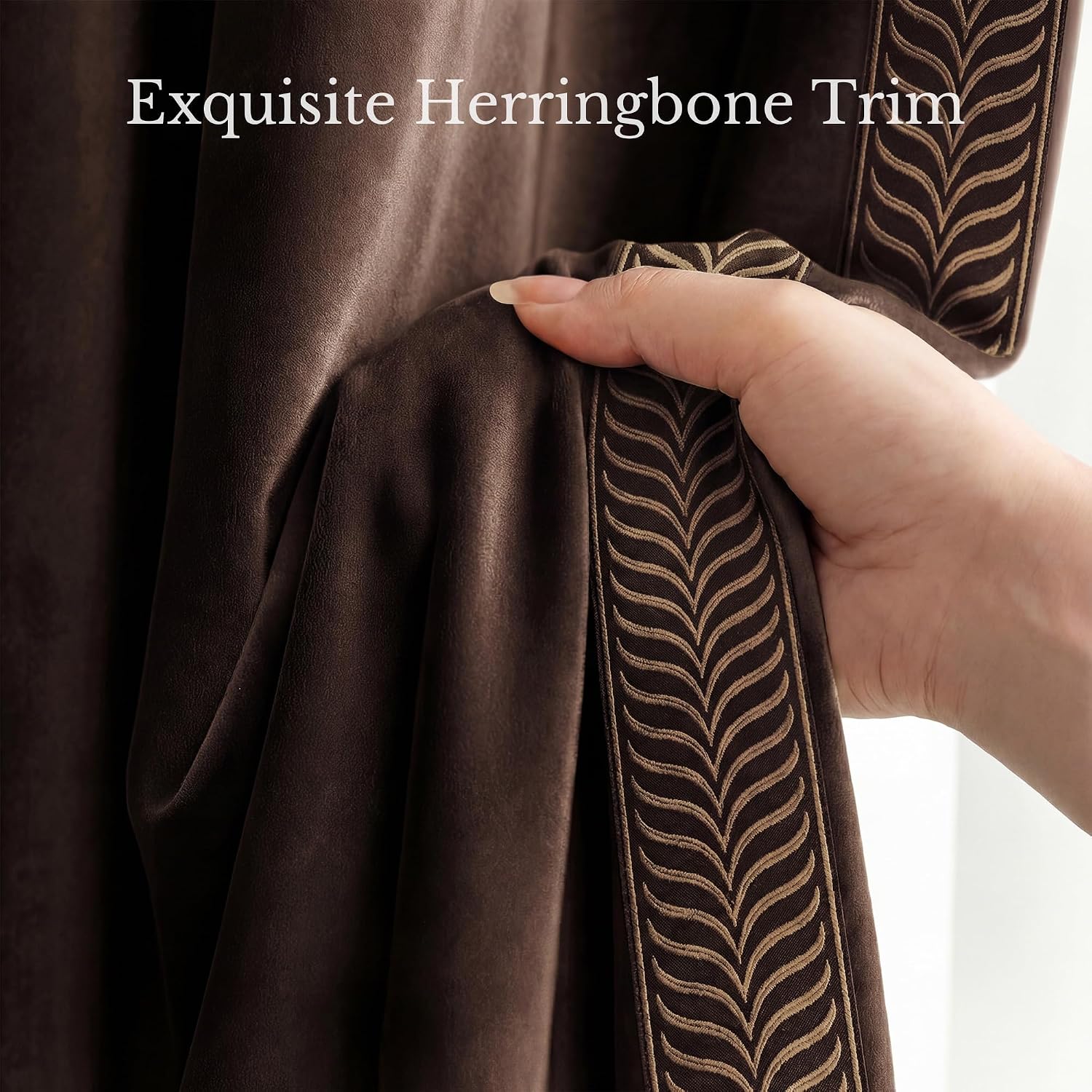 NICETOWN Rod Pocket Embroidered Trim Velvet Curtains 2 Panels, Brown