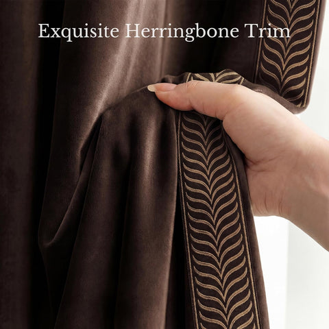 NICETOWN Rod Pocket Embroidered Trim Velvet Curtains 2 Panels, Brown