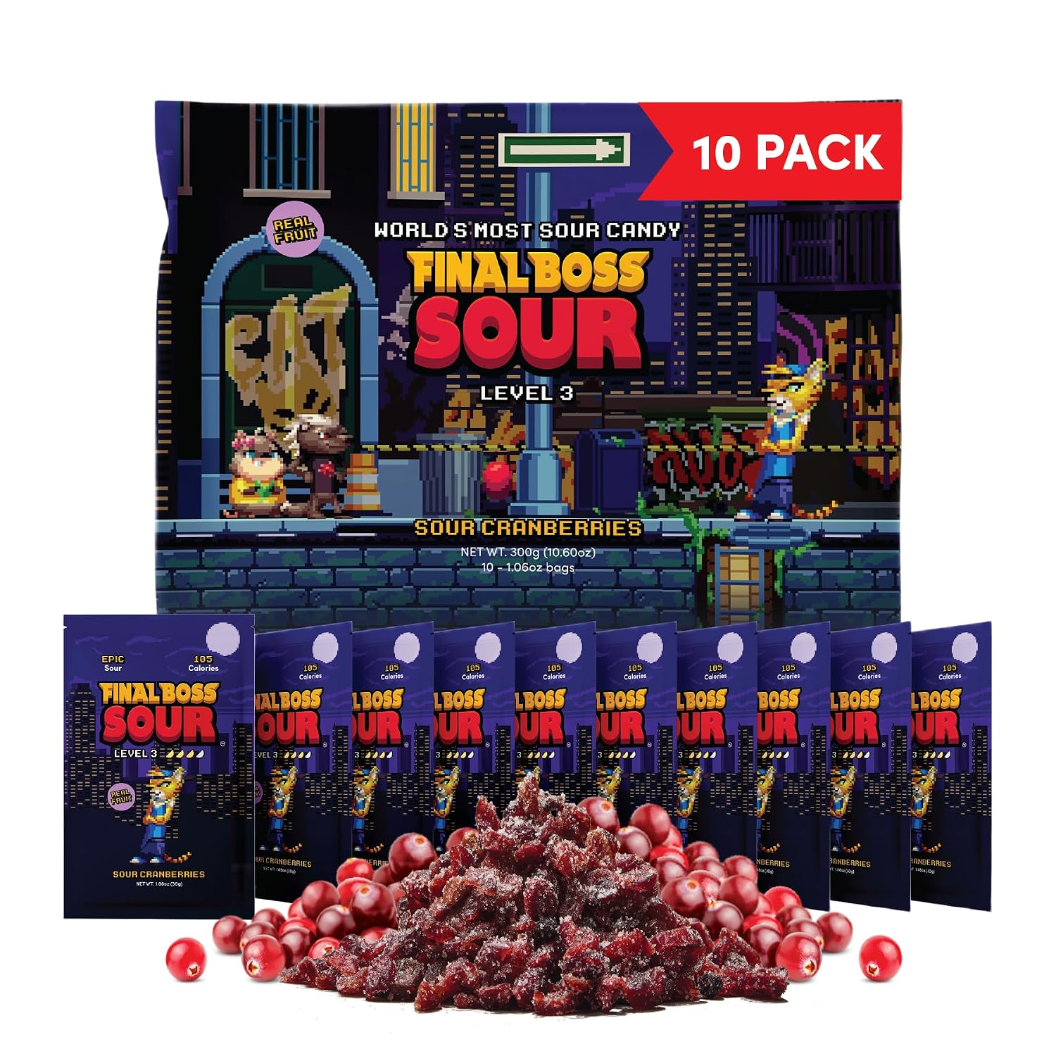 Final Boss Sour Fruit Candy, Sour Cranberries, Level 3, 10 Pack