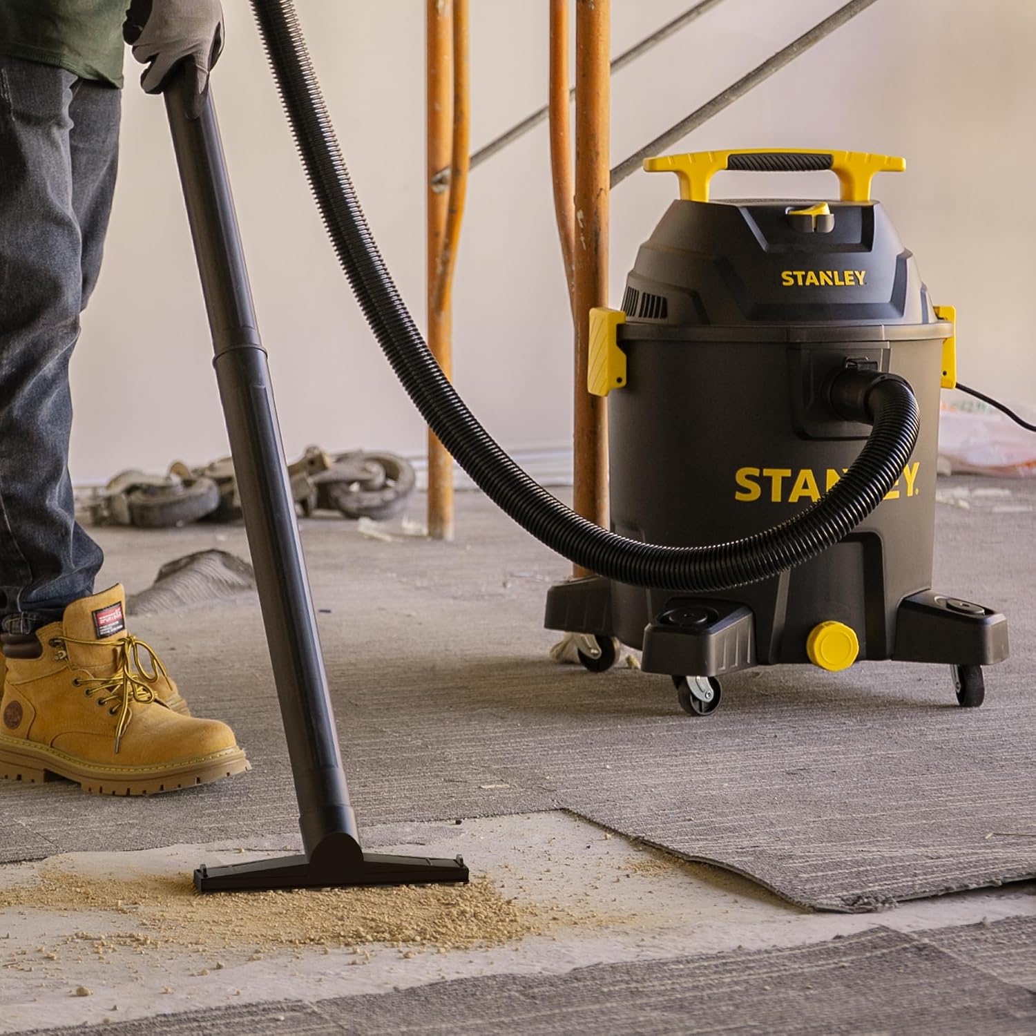 STANLEY 10 Gallon Wet Dry Vacuum, 6 Peak HP Poly Built-in Drain Shop Vac Blower with Powerful Suction, Multifunctional Shop Vacuum W/ 6 Horsepower Motor for Job Site, Garage, Basement, Van, Workshop